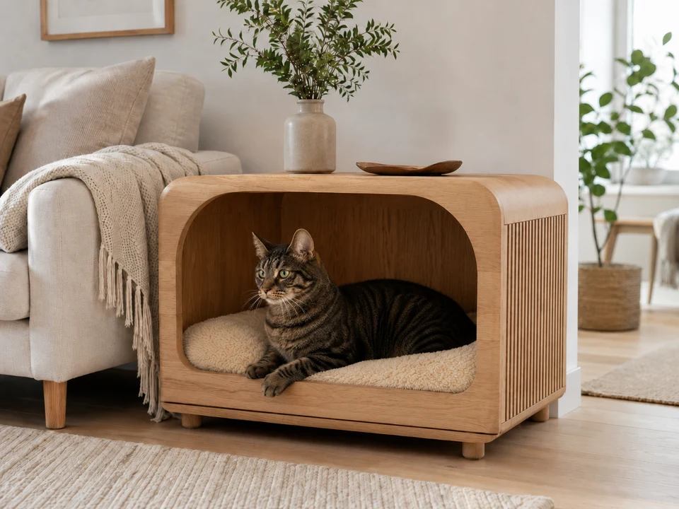 Fuglestad REIR med en katt som hviler på puten inne i huset